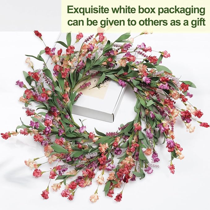 Artgar Front Door Wreath 24 Inch Spring/Summer Wreaths for Front Door, Front Door Wreaths for All Seasons for Indoor Outdoor Home Office Wall Window Wedding Farmhouse Decor (Red&Orange&Purple)