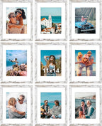 Vittanly 11x14 Picture Frames Set of 9, Shatter Resistant Plexiglass, Display 8x10 Pictures with Mat or 11x14 without Mat, Photo Frames for Wall or Tabletop, Engineered Wood, Distressed White