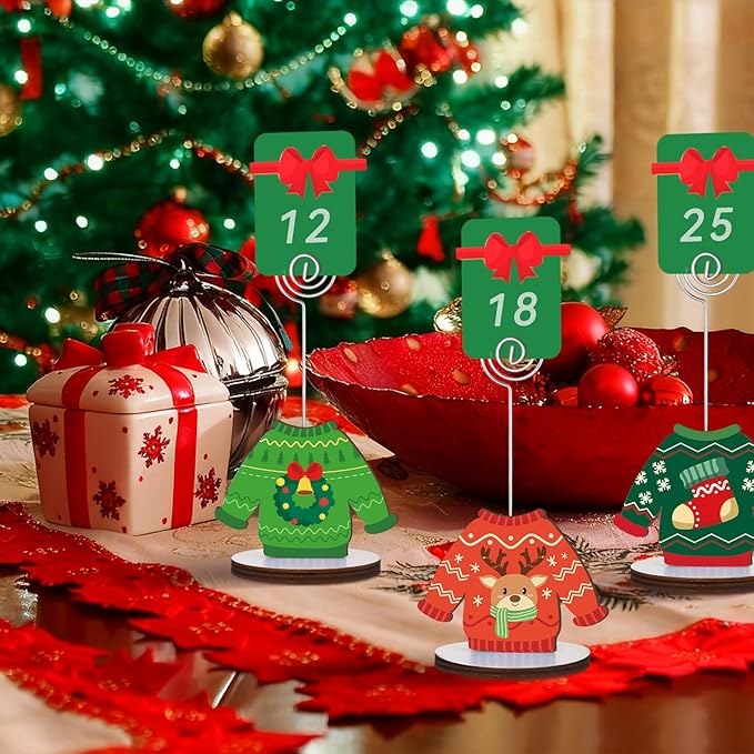24 Pcs Ugly Sweater Christmas Table Place Card Holders Stand Display, Wooden Christmas Table Card Holders with Swirl Wire Memo Name Number Photo Sign Clip Holder for Christmas Party Table Decorations