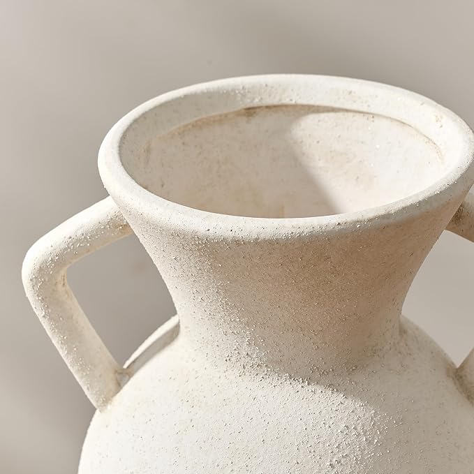 LUKA Antique Ceramic Vase with 2 Handle,9.25 inches Rustic Vase Minimalist Decor, Decorative Vases for Home Decor, Table, Living Room, Shelf, Christmas Decoration(Large,White)