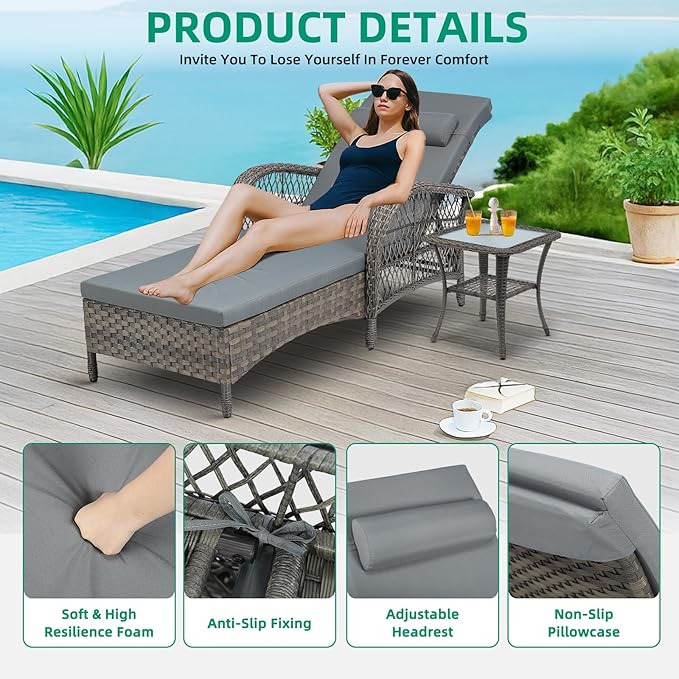 VIVIJASON Outdoor Wicker Chaise Lounge Chair, All-Weather PE Rattan Cushioned Patio Lounger Set with Side Table, 6-Position Adjustable Outside Pool Sunbathing Recliner with Armrest & Pillow, Gray