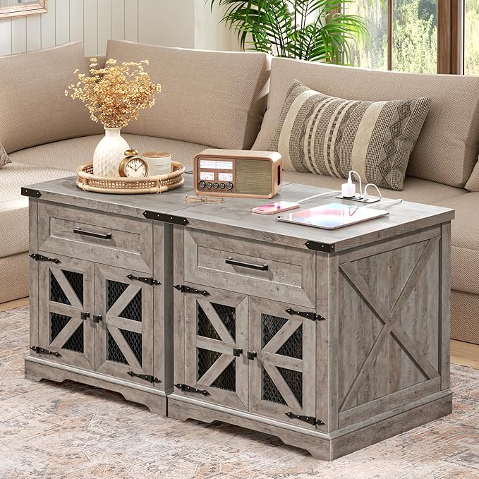 Farmhouse End Table Set of 2, 24" Large Sofa Side Table with Drawer, Large End Table for Living Room, Wooden Nightstand with Charging Station, Square, Greige