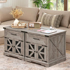 Farmhouse End Table Set of 2, 24" Large Sofa Side Table with Drawer, Large End Table for Living Room, Wooden Nightstand with Charging Station, Square, Greige