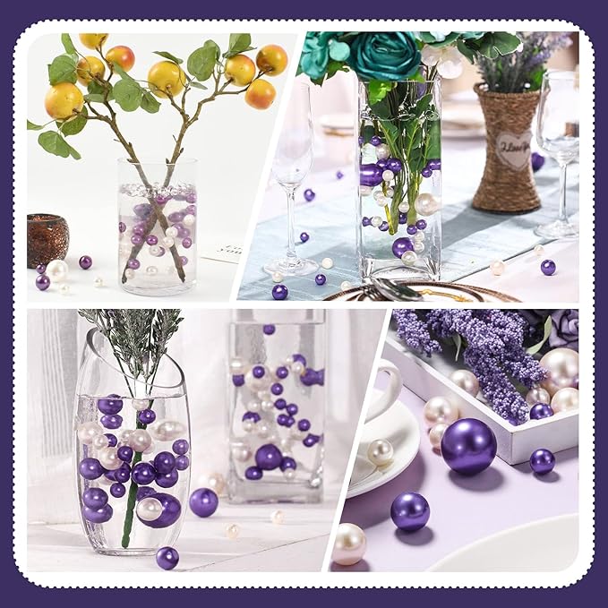 200 PCS Purple White Vase Fillers, Pearls Bead for Centerpieces Vases, 10/14/20 MM No Hole Beads, Fake Pearls for Wedding Birthday Anniversary Theme Party Table Centerpieces Decor