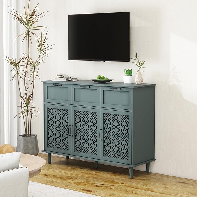 Sideboard Buffet Cabinet with Storage - Accent Storage Cabinet with Hollow Carved Pattern, Modern 3 Door 3 Drawer Cabinet, Farmhouse Wood Credenza for Living Room, Dining Room (Green)
