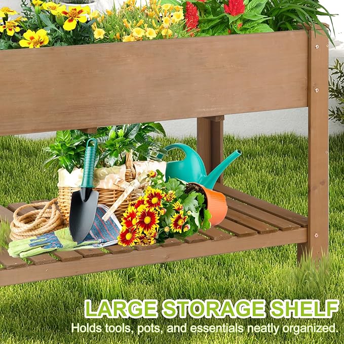 Raised Garden Bed with Legs - Elevated Wooden Planter Box, Durable Fir Wood, Reinforced Frame with Drainage Holes, Liner, and Storage Shelf for Vegetables, Herbs, Flowers, 47" x 23" x 30"