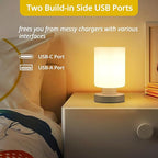 Touch Bedside Lamp, Mini Stepless Dimmable Table Lamps for Bedroom for Night Stands, Small Desk Lamp with Brightness Memory, USB Charging Ports, Warm LED Bulb, White, Cylindrical Shape, 2 Set