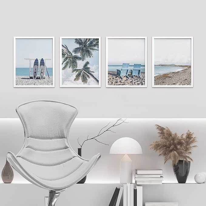 SIGNWIN Framed White Surfboard Tropical Palm Tree Beach Shore Wall Art, Set of 4 Landscape Colorful Wall Decor Prints, Nature Wilderness Wall Décor for Living Room, Bedroom - 11"x14" White