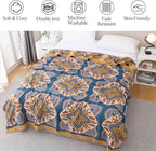 Snycler Boho Throw Blanket for Bed - 100% Cotton Ultra Soft Rustic Quilt Blanket Orange Green Printed Farmhouse Decor Bed Blankets, 80"×90" All Season Rustic Throw for Sofa Couch Chair