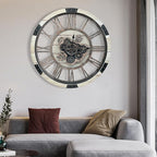DORBOKER 24" Large Wall Clock with Moving Gears,Oversize Vintage Industrial Rustic Farmhouse Clocks for Living Room Decor Office Home,Solid Wood Retro Metal HD Tempered Glass Cover,Desert Beige