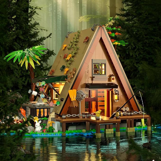 A-Frame Cabin Building Set, MOC Ideas Cabin House Collectible Model Kit with LED for Adults and Kids Age 12+, Gifts for Nature and Architecture Lovers (1486 Pcs)