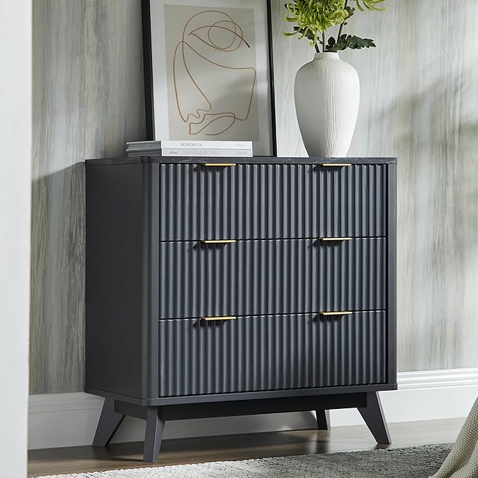 T4TREAM Fluted 3 Drawer Dresser, 32" Tall Modern Chest of Drawers with Faux Marble Top, Curved Profile Design, Wood Drawer Organizer for Bedroom, Living Room, Hallway, Entryway, Dark Grey