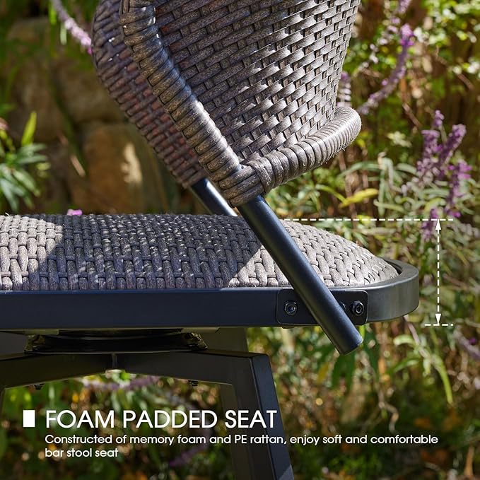 VICLLAX Patio Bar Stool Chairs with Footrests and Padded Seat, Bar Height Swivel Patio Chairs Set of 6, Brown Woven Wicker Swivel Bar Stools for Lawn Garden