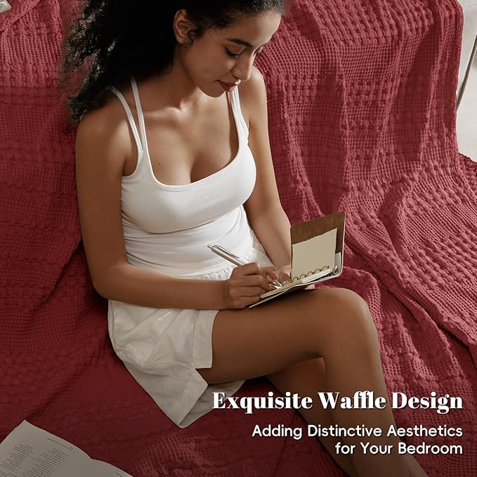 PHF 100% Cotton Waffle Weave Blanket King Size, Soft Lightweight Breathable Cozy Summer Blankets for Bed, Luxury Aesthetic Woven Bedding for Home Decor, 108"x90", Wine Red