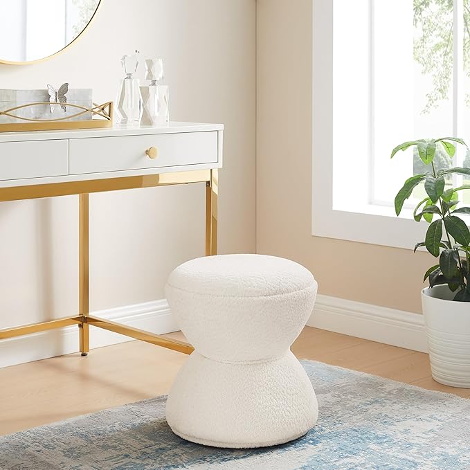 VANOMi Multi-Functional Boucle Ottoman, Vanity Stool Chair, Sturdy Rotating Wooden Footstool, Suitable for Living Room, Bedroom, and Entryway, Without Installation, Swivel, White