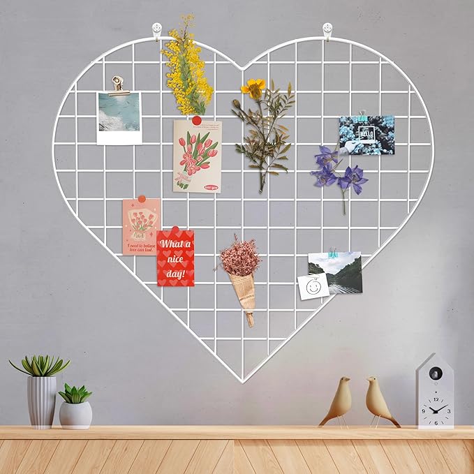 Grid Photo Wall Panels - 22.4"x20.4" Heart Shape Iron Rack Art Wire Board, Wall Grid Organizer, DIY Photo Frame for Home, Office, Kitchen, Bedroom, Christmas Gifts - White