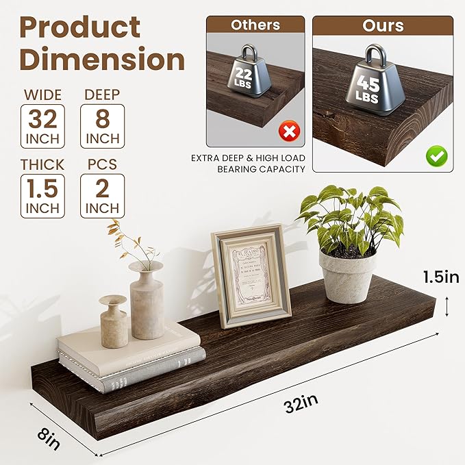 Floating Shelves, 8" Deep Rustic Solid Wood Wall Mounted Floating Shelves, Wall Shelves with Invisible Bracket for Living Room Bathroom Bedroom Kitchen, 32 Inch Set of 2, Walnut