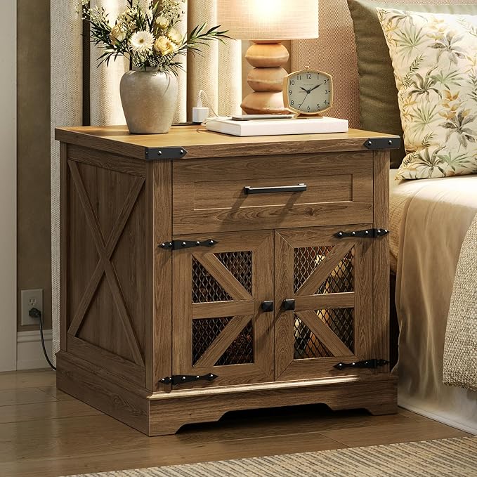 Farmhouse End Table Set of 2, 24" Large Sofa Side Table with Drawer, Large End Table for Living Room, Wooden Nightstand with Charging Station, Square, Walnut