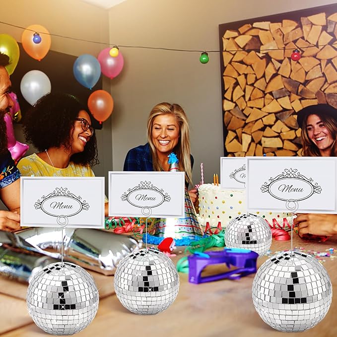 Maitys 60 Pcs Disco Ball Table Number Holders Silver Place Card with Swirl Wire Name Cards Photo Stand Clips Picture Holder for Christmas Wedding Party Favor (4 Inch)
