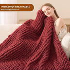 L'AGRATY Chunky Knit Blanket Throw: 60''x80'' Chenille Chunky Knitted Throw Blankets for Twin Bed Couch - Handmade Thick Cable Knit Blanket - Large Crochet Rope Blankets for Home Decor(Maroon Red)