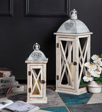 Set of 2 Large Farmhouse Wooden Metal Lanterns, Rustic Decorative Floor Candle Lanterns, Whitewash Distressed Hanging Lanterns for Home Decor (No Glass)