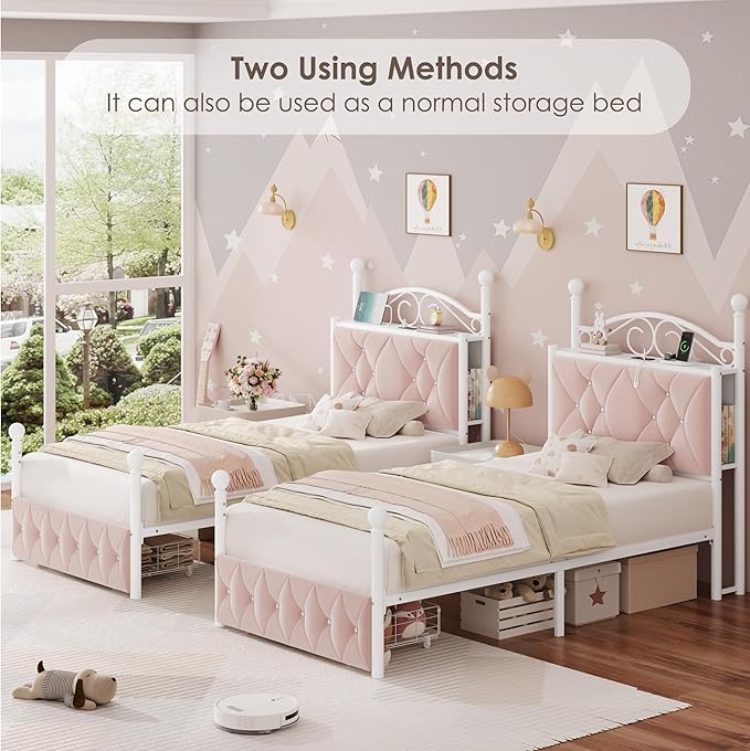 Twin Upholstered Canopy Bed Frame with Drawer & Crystal Tufted Storage Headboard Two-Purpose Metal Platform Bed with 4 Removable Posts & Charging Station Pink Princess Bed, Curtain Not Included