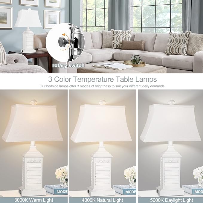 Table Lamps for Living Room Set of 2, Coastal White Bedside Lamps for Bedroom with USB A+C Outlet Modern Resin 3-Color Temperature Nightstand Lamp for End Table (Bulbs Included)