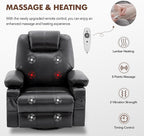 Swivel Rocker Recliner Chair with Heat and Massage, 360 Degree Swivel Rocking Single Sofa with Cup Holders and USB Port, Large Big Recliner Chair for Living Room (Leather, Black)
