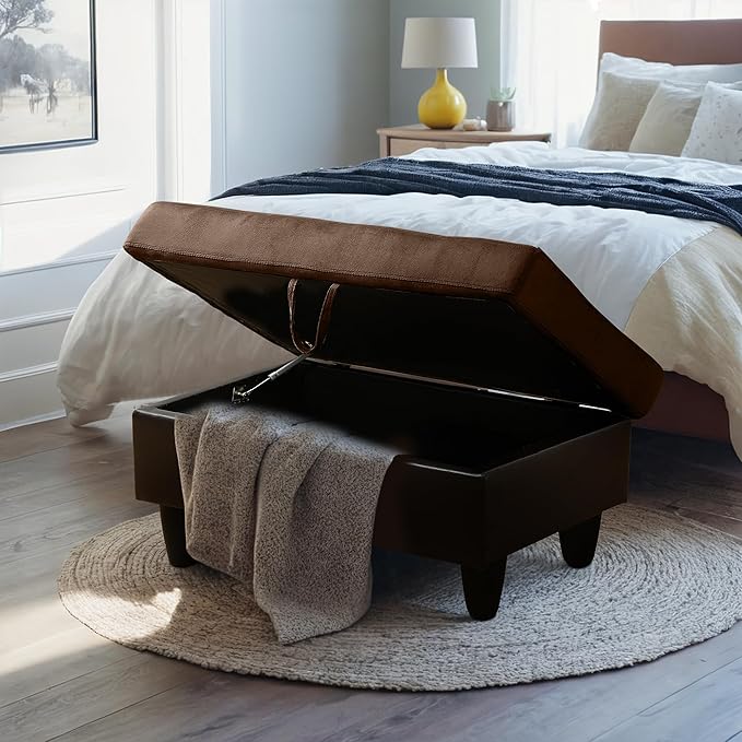 Ottoman Rectangular Storage Ottoman Bench, Flannel Footrest Stool Footstool with Lid for Living Room, Bedroom, Entryway, Brown&Black, 35"x23.5"x17.5"