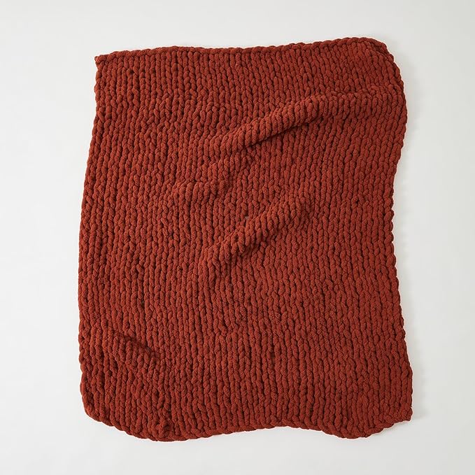 WESHIONGOO Chunky Knit Blanket Throw Knitted Throw Blankets for Couch Bed Fluffy Soft Blanket with Jumbo Chenille Yarn Thick 100% Handmade(Rust, 50"×60")