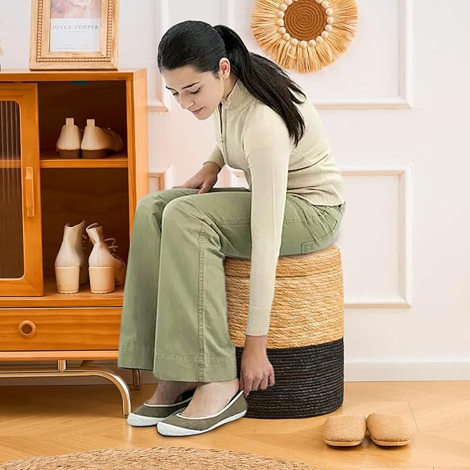 Wimarsbon Round Pouf Ottomans, Handwoven Natural Water Hyacinth Seagrass Pouffe,Outdoor Rattan Stool Accent Seat, Bohemian Coastal Home Decor (Storage -14inch Natural Cattail & Black Corn Shell)