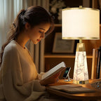 27" Natural Alabaster Table Lamps Set of 2 - Lamps for Living Room with Night Light, Bedside lamps with White Linen Shade, Nightstand Table Lamp with USB A+C Port for Bedroom Office (bulb included)