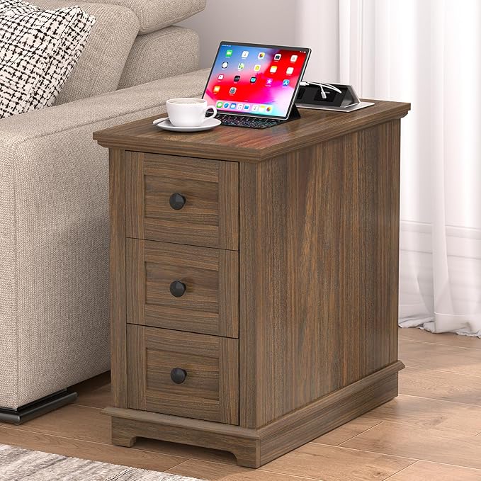 HIFYOBRO End Table with Flip Top Charging Station, Narrow Side Table with 3 Drawers, Wooden Nightstand, End Table with Storage for Living Room & Bedroom