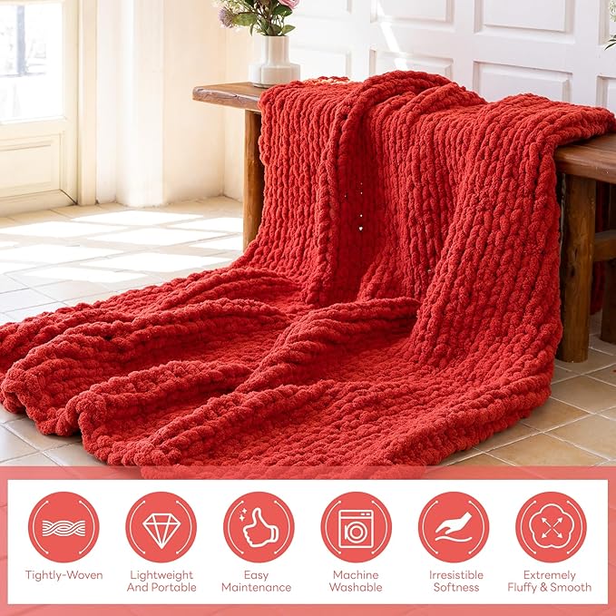 Chunky Knit Blanket - Luxury Soft Cozy Queen Size(50 * 60) Throw Blanket,100% Woven Blanket Rope Knot Throw Blanket for Couch, Sofa, Home Decor, Gift - Machine Washable（Wine red）