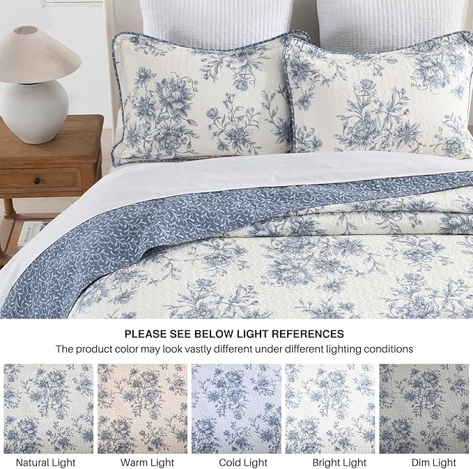 DDUOXIN Botanical Oversized Queen Bedspread - 102" W x120 L Extra Wide 100% Cotton California Quilt, Lightweight Reversible Oversize Bedspreads with 2 Pillow Shams, Blue/Cream