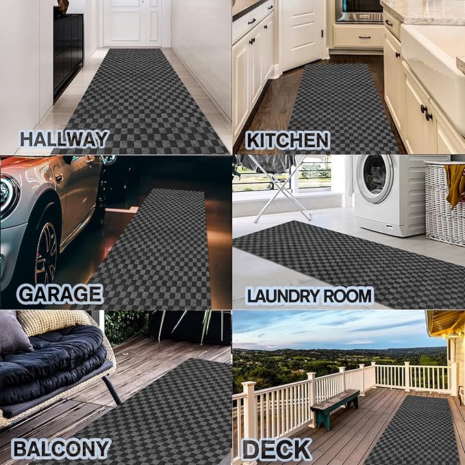 Custom Size Backed Non-Slip Area Rugs Runner, Easy Clean, Waterproof Runner Rugs for Hallway Entryway, Kitchen, Laundry, 3FT x 41FT, Gray Checkered