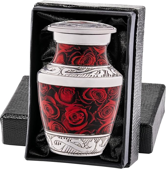 Olivia Memorials Small Urns for Human Ashes Adult Female - Red Roses Decorative Mini Urns - Cremation Keepsakes with Velvet Box - Flowers Memorial Urn with Roses and Ash Storage