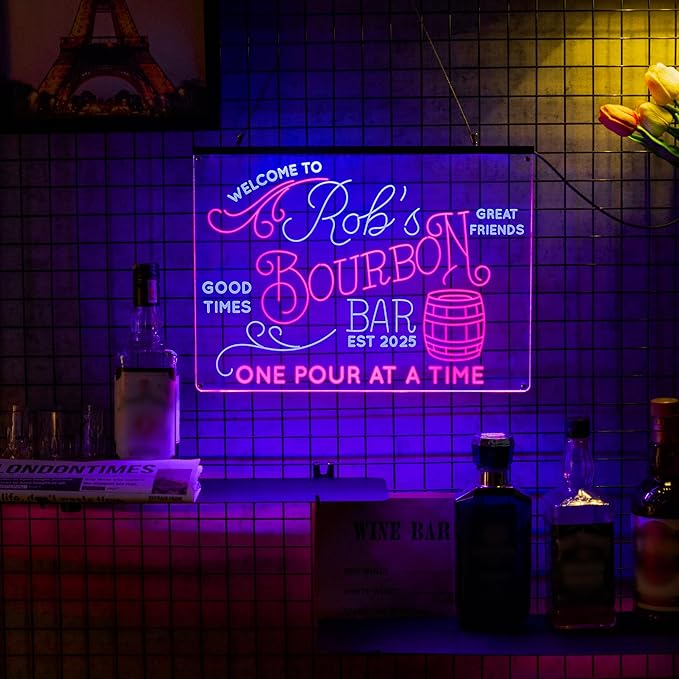 Personalized Bourbon Bar Signs with Your Name for home wall light up with personalized pub name, man cave accessories, beer themed neon customizable lighted sign