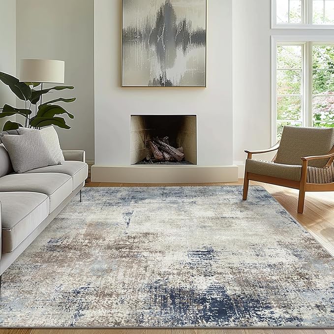 Area Rugs 3x5 Machine Washable Rug for Bedroom Living Room, Large Modern Abstract for Dining Room, Indoor Low Pile Carpet Soft Rugs with Non Slip Rubber Backing, Abstract Blue Gray