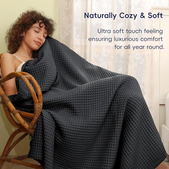 PHF Ultra Soft Waffle Weave Blanket Queen Size 90"x 90"- Washed Lightweight Breathablee Cozy Woven Blanket - Great for Couch Bed Sofa Home Car - Black