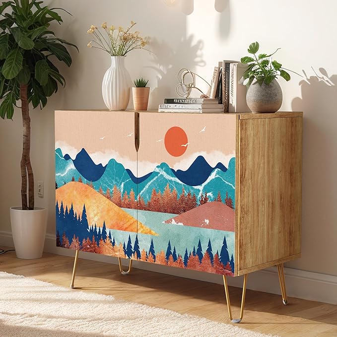 SIGNWIN Sideboard Buffet Cabinet, Kitchen Storage Cabinet with 2 Doors, Vibrant Granite Sunny Mountain, Cupboard Console Table for Dining Room - 35" L x 18" W x 29" H