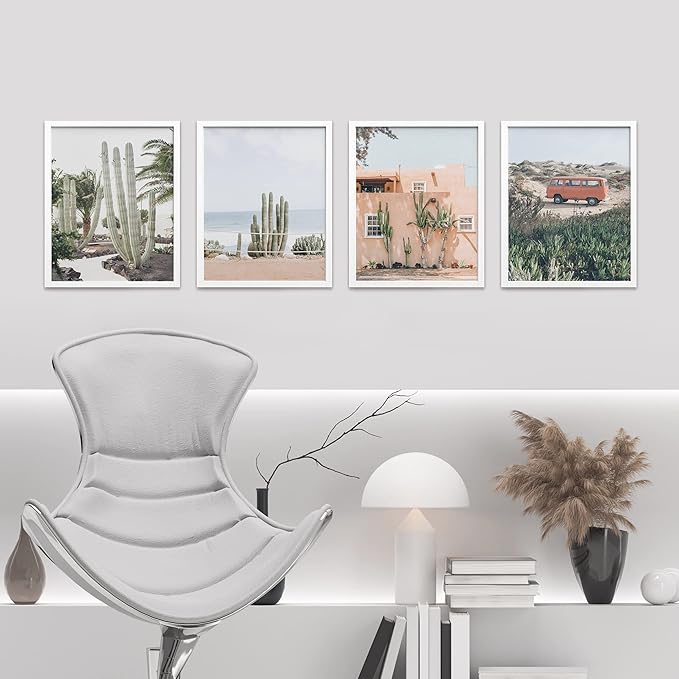SIGNWIN Framed Cactus Desert Wall Art, Set of 4 Cactus Desert Wall Decor Prints, Nature Wilderness Wall Décor for Living Room, Bedroom - 11"x14"x 4 White