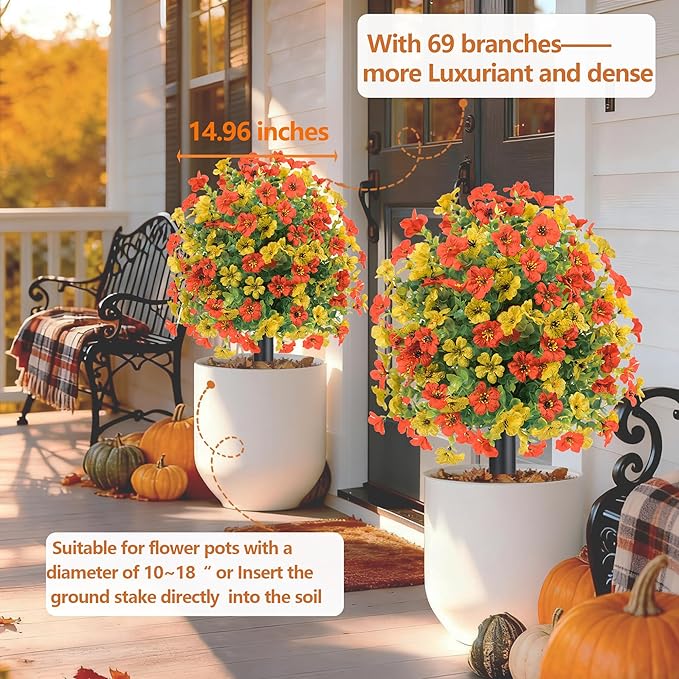 22.8" Set of 2 Fall Artificial Boxwood Topiary Ball with Spikes,UV Resistant Fake Outdoor shrubs with Violet Flowers, Faux Plants Bushes for Garden Front Porch Yard Patio(Yellow+Orange)