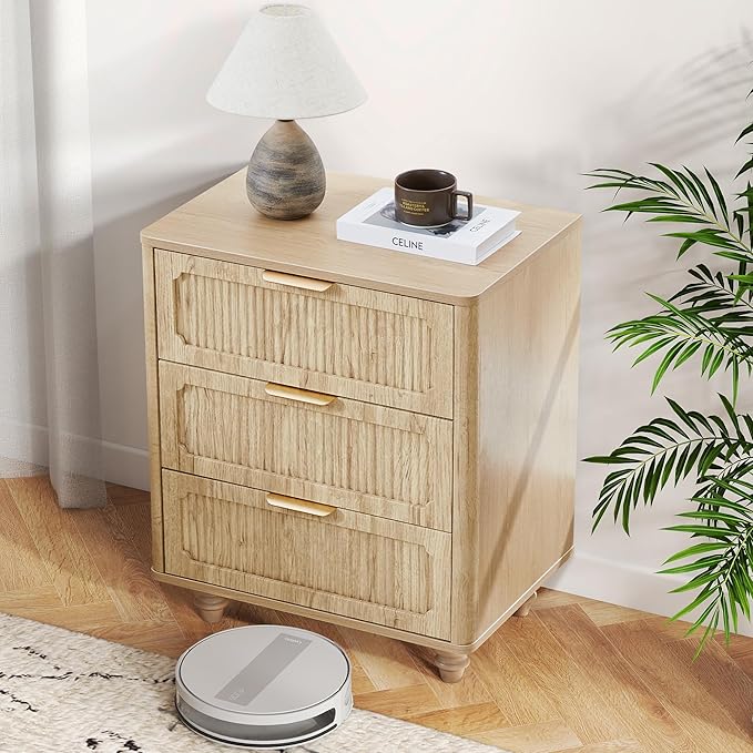 Fluted Nightstand Set 2 22.9'' Wood Nightstands with Drawers Bedside Table Set of 2 Mid Century Drawer Dresser for Bedroom Living Room Natural
