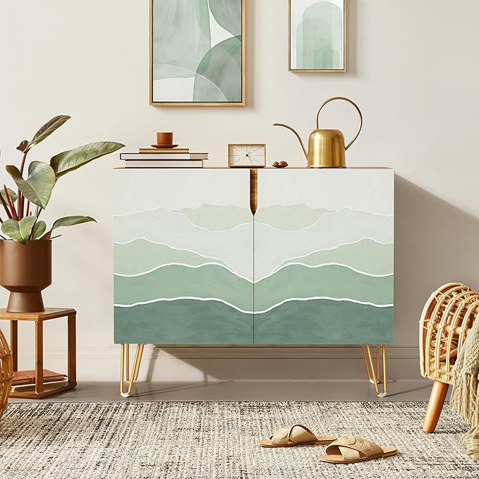 SIGNWIN Sideboard Buffet Cabinet, Kitchen Storage Cabinet with 2 Doors, Green Mountain Range Landscape, Cupboard Console Table for Dining Room - 35" L x 18" W x 29" H