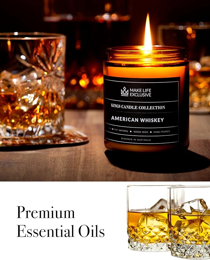 Scented Candles for Men | Whiskey Scented | Wooden Wick, Long Lasting, Masculine Scents | Natural Soy Jar Candle for Home, Bacehlor Pad Decor | The Perfect Mens Gift