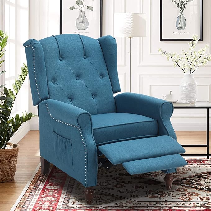 Wingback Recliner Chair with Massage and Heat, Tufted Fabric Push Back Recliner Chair for Living Room, Vintage Wingback Chair with Remote Control, Padded Cushion, Backrest, Wooden Legs
