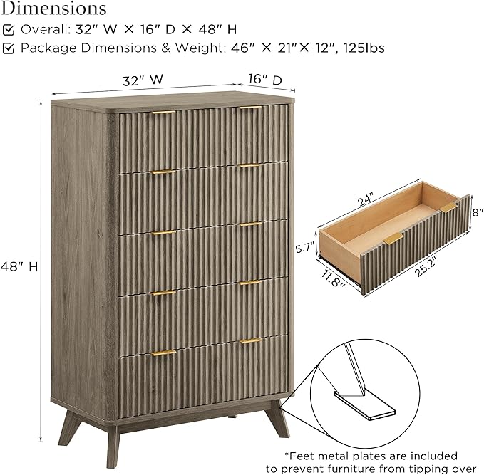 T4TREAM Fluted 5 Drawers Dresser, 48" Tall Modern Chest of Drawers, Curved Profile Design, Wood Drawer Organizer for Bedroom, Living Room, Hallway, Entryway, Grey Alder