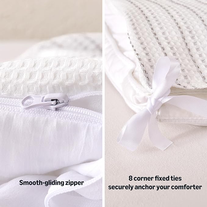 Amazon Basics Waffle Weave Microfiber 3-Piece Duvet Cover Set, Includes 1 Duvet Cover and 2 Pillow Shams, Queen, Dark Grey Striped