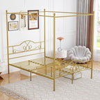 Weehom Canopy Bed Frame Queen Size with Headboard and Footboard, Four-Poster Canopy Bed Metal Platform Mattress Foundation Underbed Storage No Box Spring Needed Easy Assembly, Gold